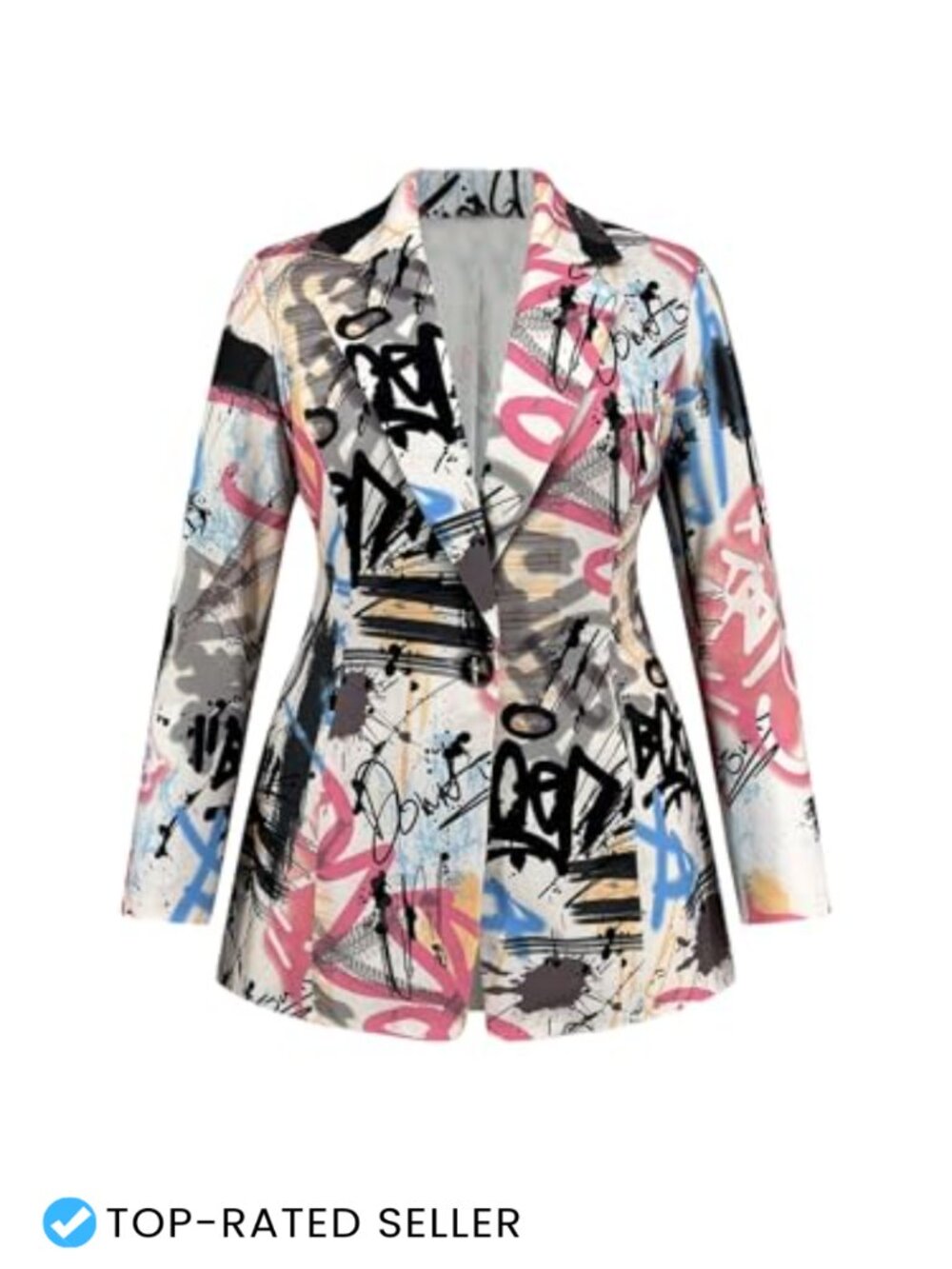Plus Size Graffiti Graphic Button Blazer Jacket Long Sleeve Casual